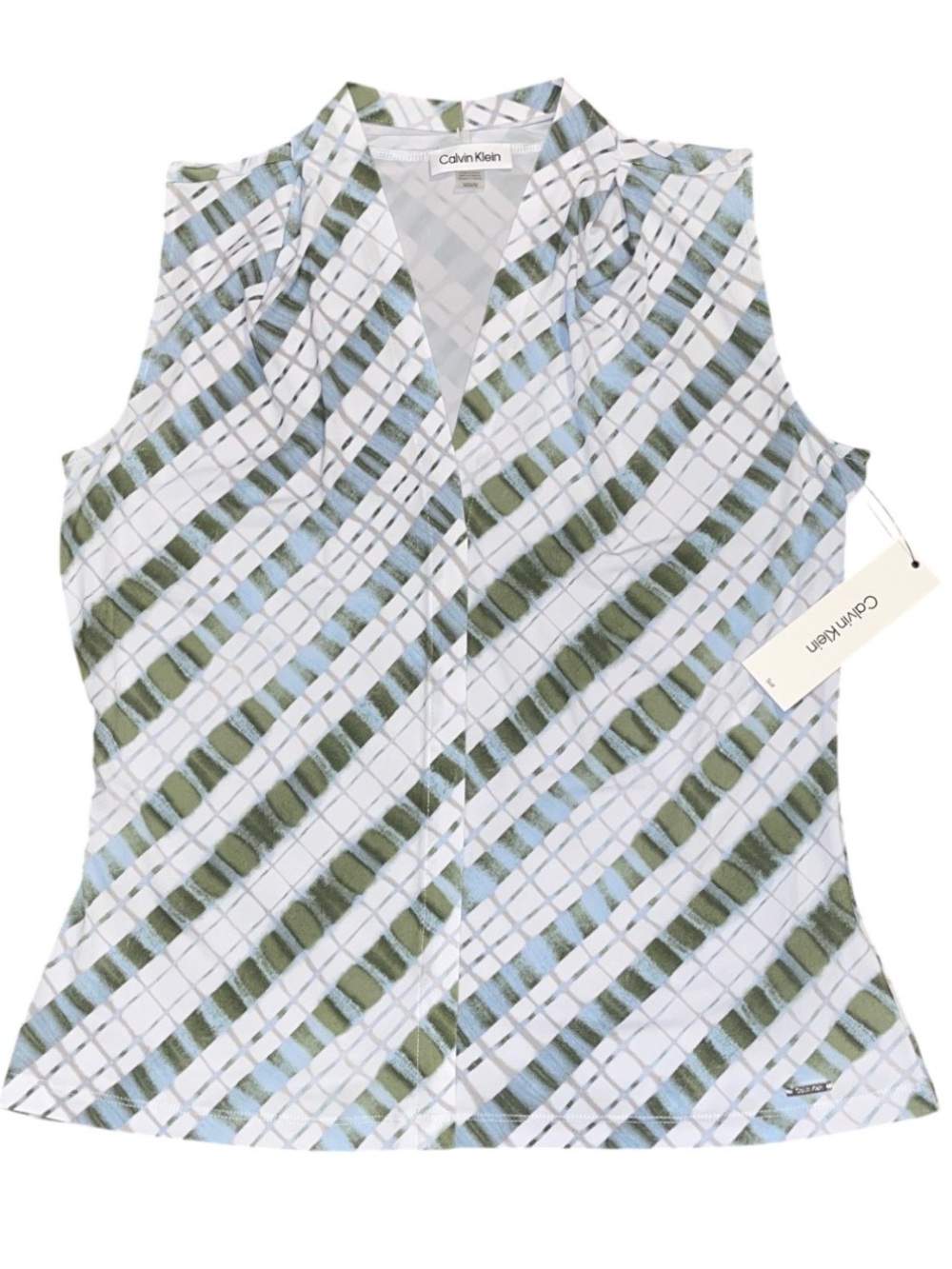 Calvin Klein White, Light Blue & Olive Green Sleeveless V-Neck Blouse